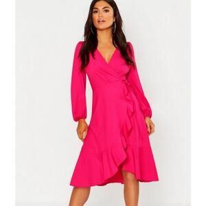 NWT Boohoo Crepe Ruffle Wrap Midi Skater Dress Womens 10 Pink Coquette Barbie